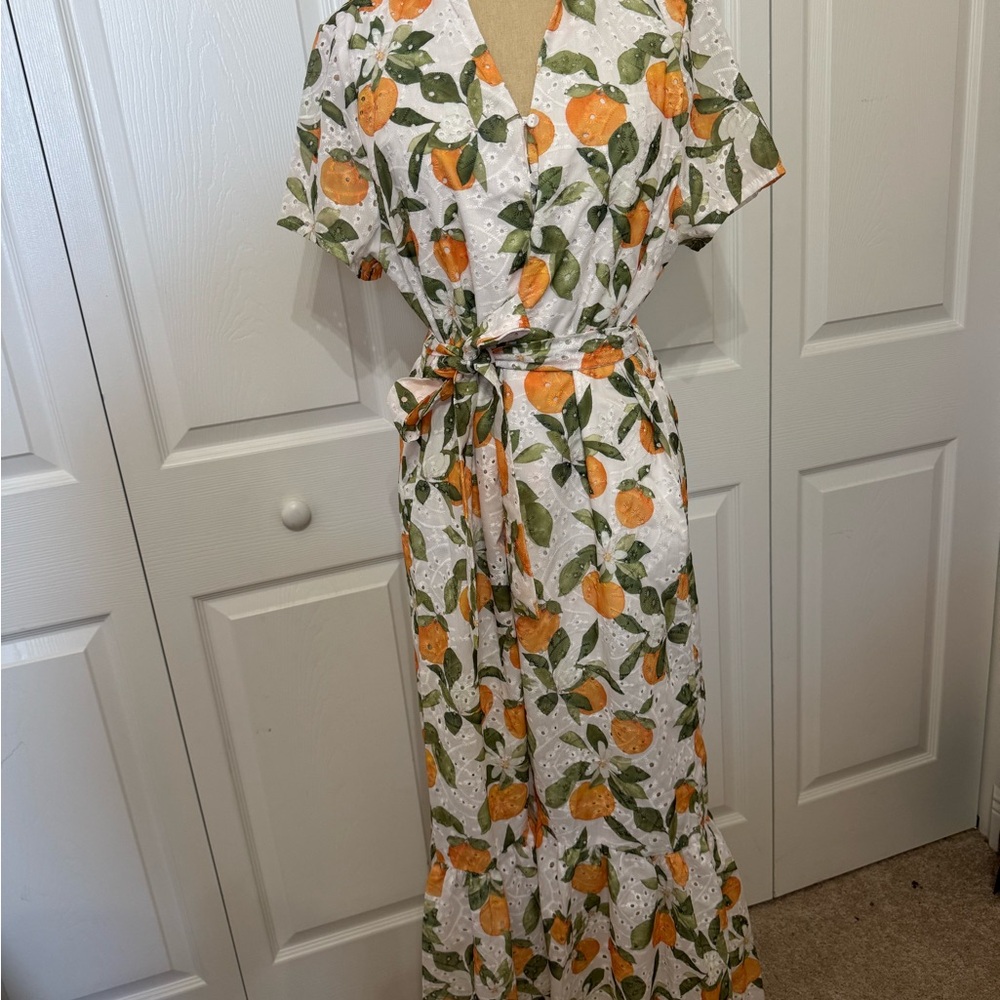 Chicwish ORANGE PRINTED EMBROIDERED EYELET FRILLING DRESS IN WHITE